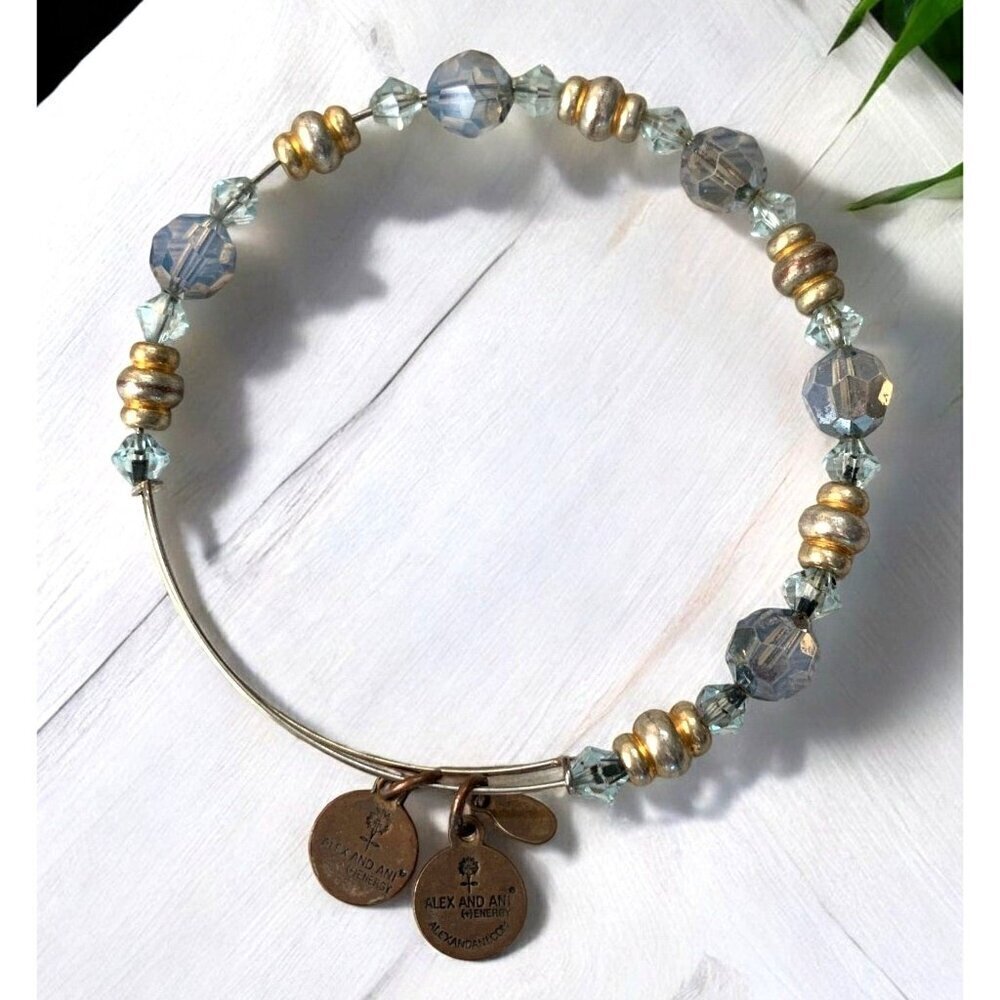 Alex And Ani Gold Charm Bangle With Blue & Clear Beads Adjustable Fit 2.0"- 3.5"